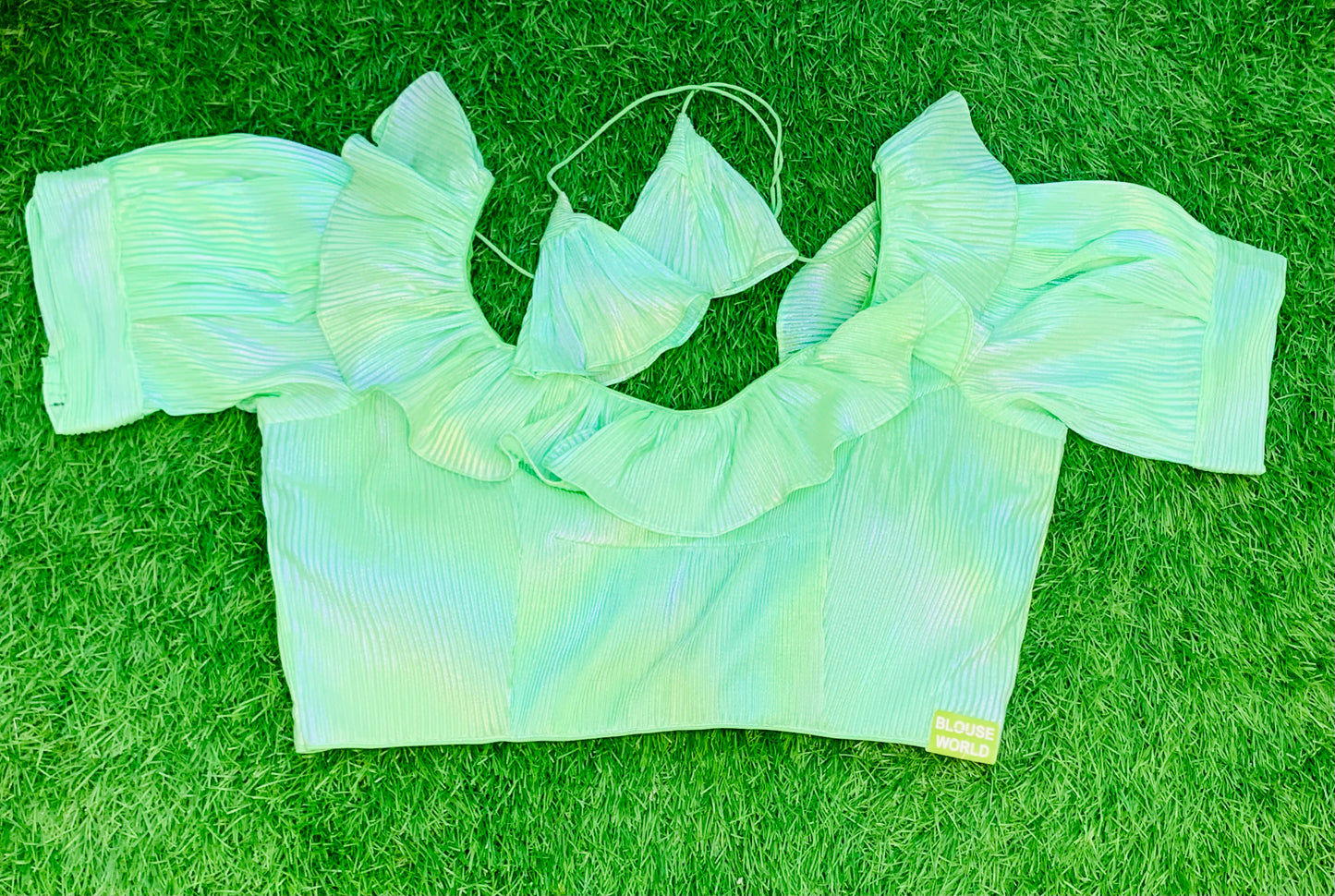 Neon colour neck ruffle blouse