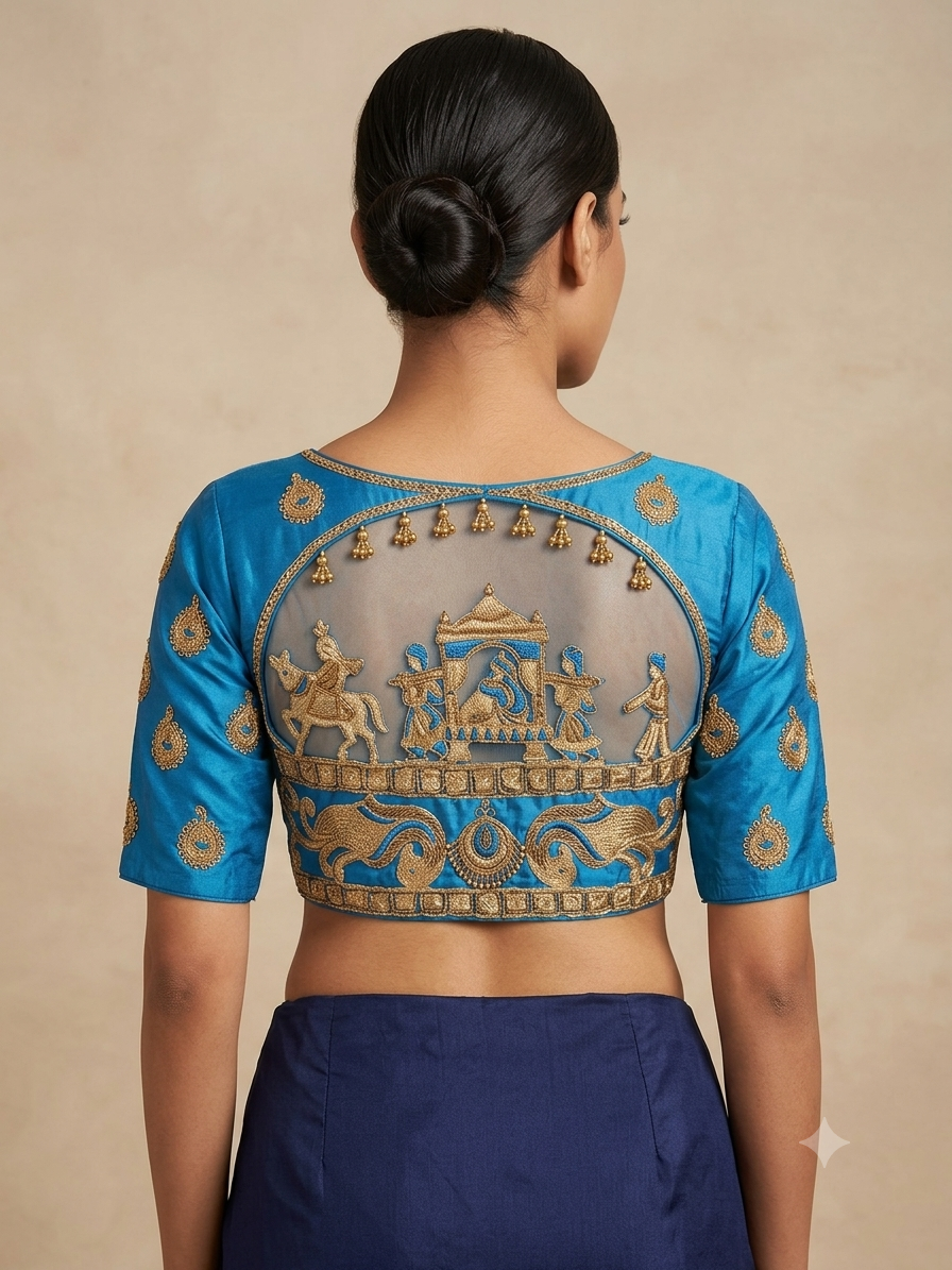 Dark sky blue maggam work blouse