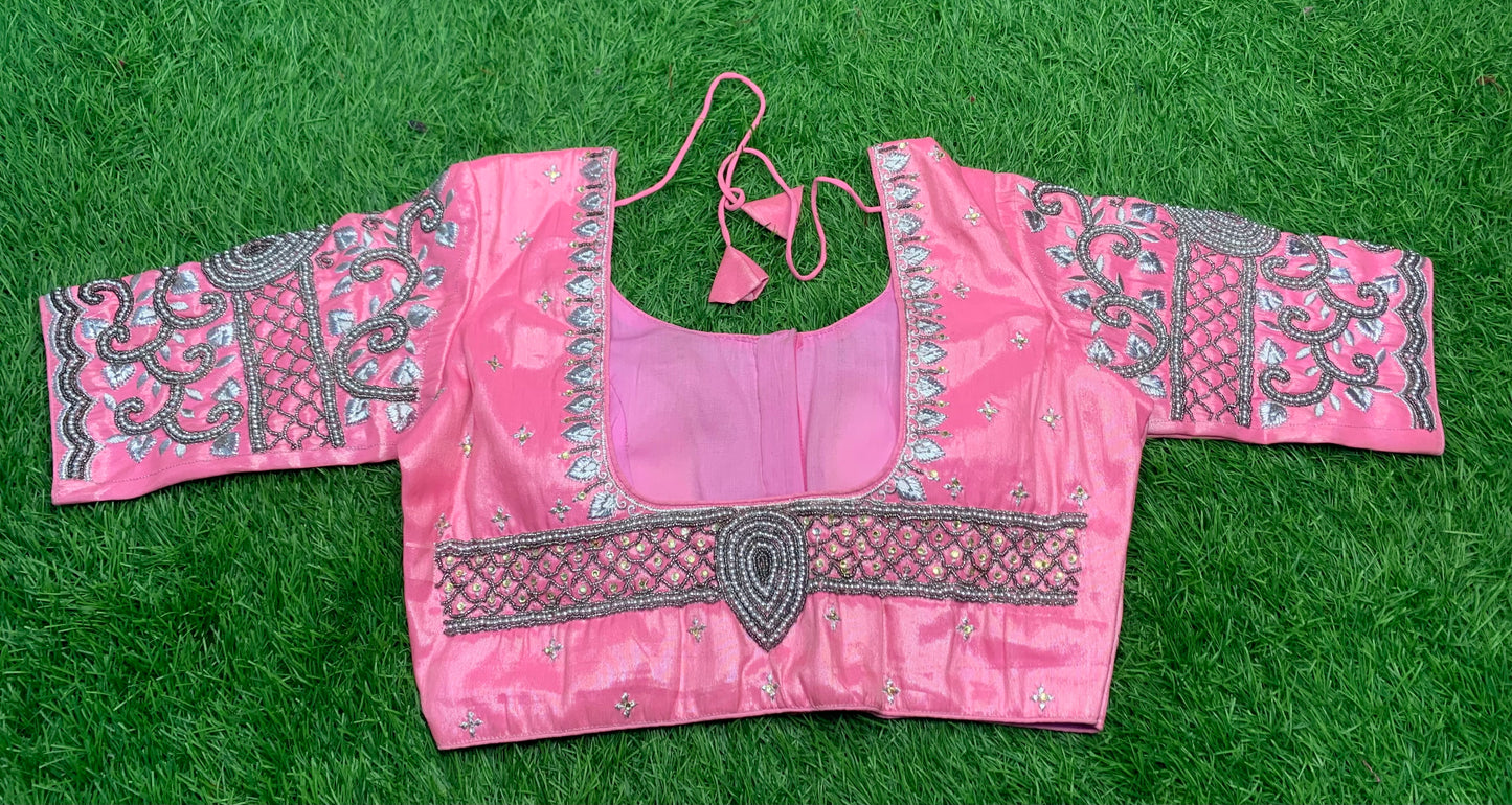Baby pink with heavy hand work blouse ๐