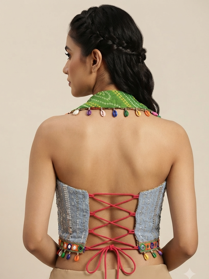 Kutchi Mirror Work Halter Neck Designer sleeveless Blouse
