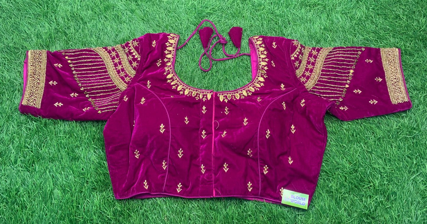 Magenta pink golden work velvet blouse ๐