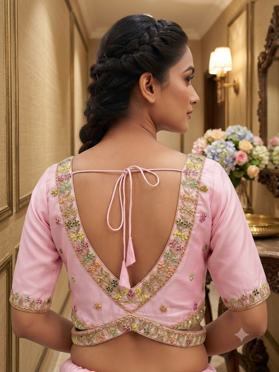 Premium Multicolour floral embroidery V-neck with sleeve Blouse 👚