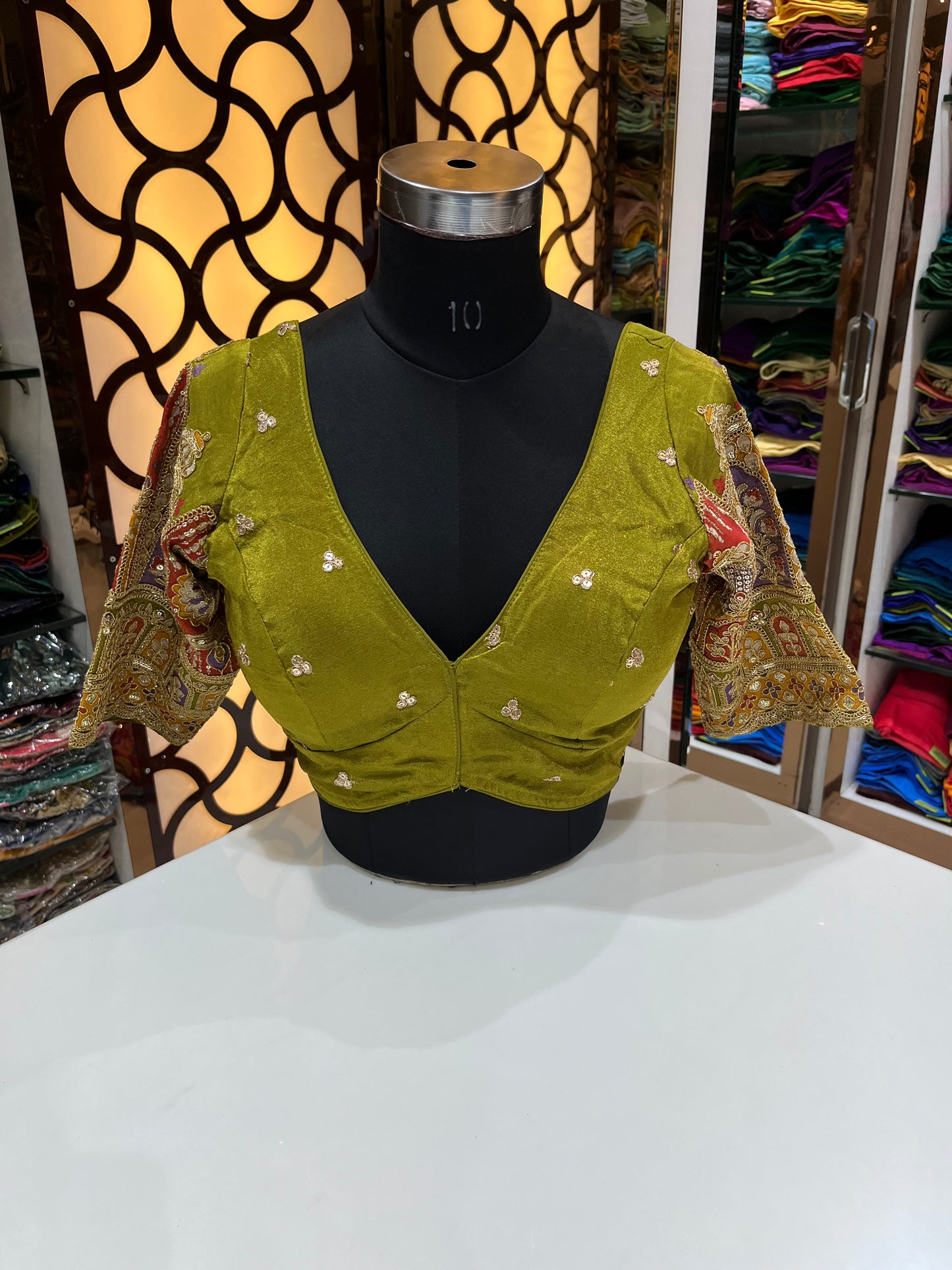 Mehndi green tissue v neck high neck blouse 👚