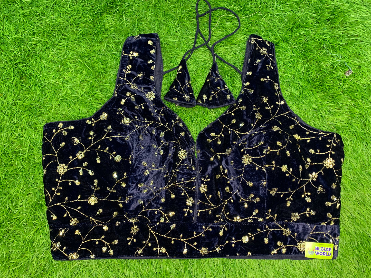 Navy blue fancy velvet blouse with hand