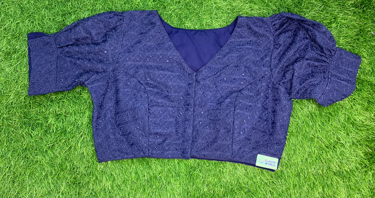 High neck puff hands navy blue colour blouse
