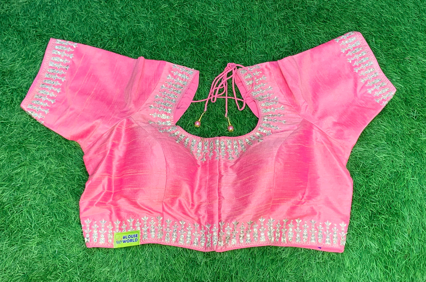 Baby pink embroidery pure raw silk blouse
