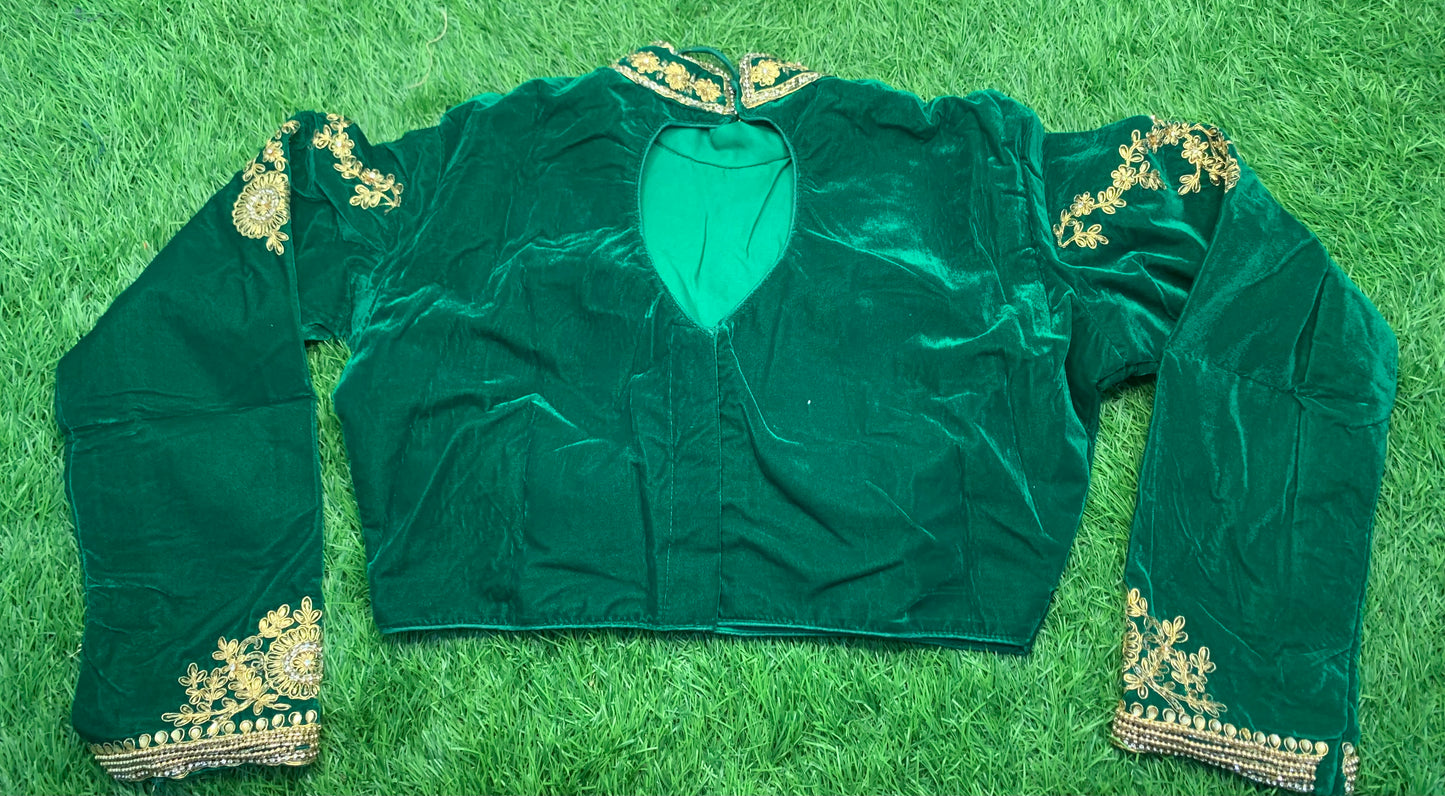 Bottle green velvet maharani neck heavy designer blouse ๐
