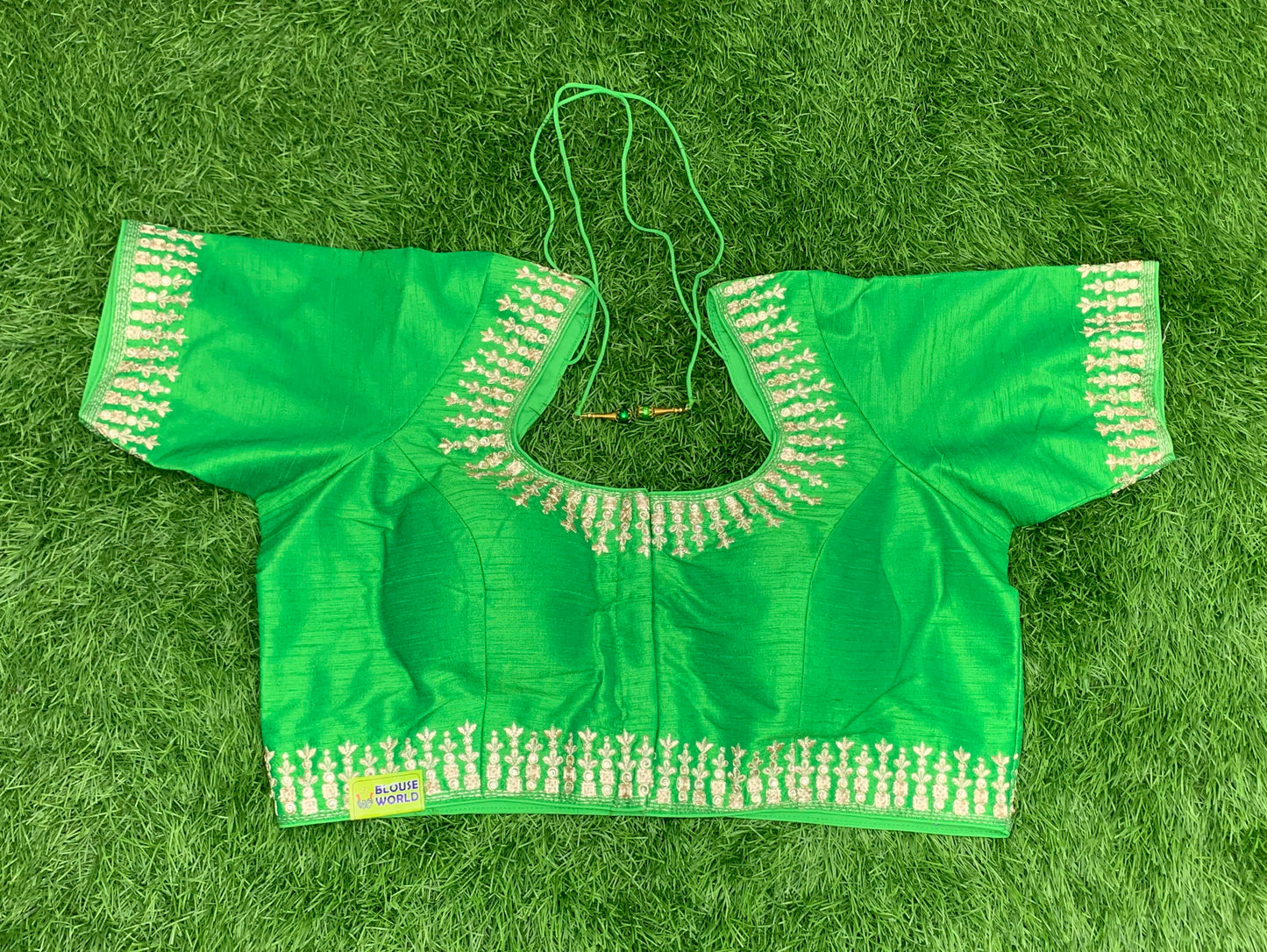 Parrot green with embroidery pure raw silk blouse