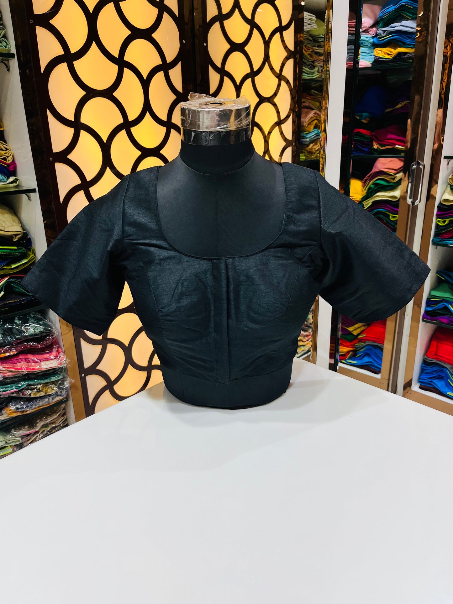 Classic Black Raw Silk Elbow-Length Blouse