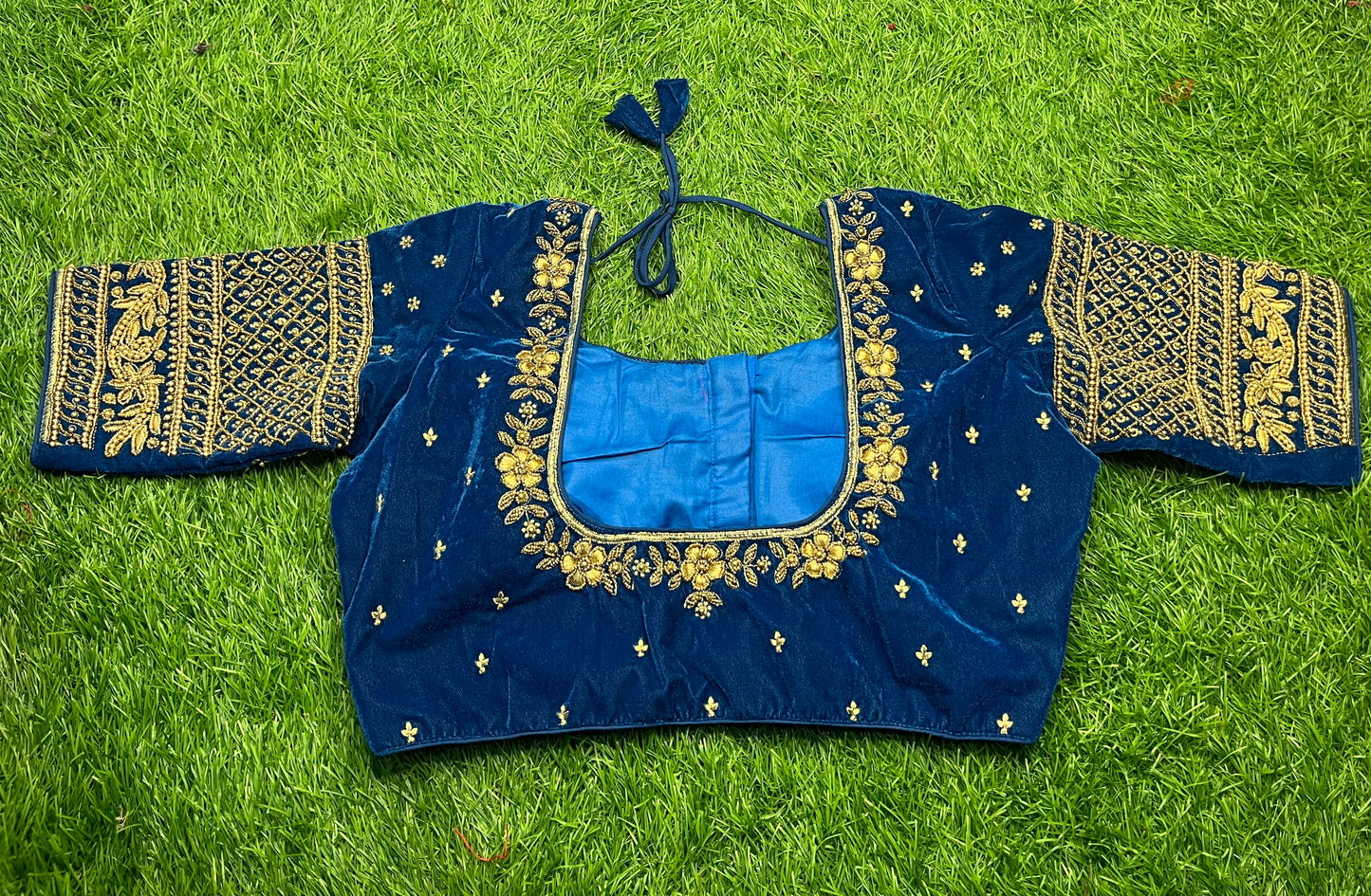 Velvet Rama blue golden work heavy hand work blouse ๐