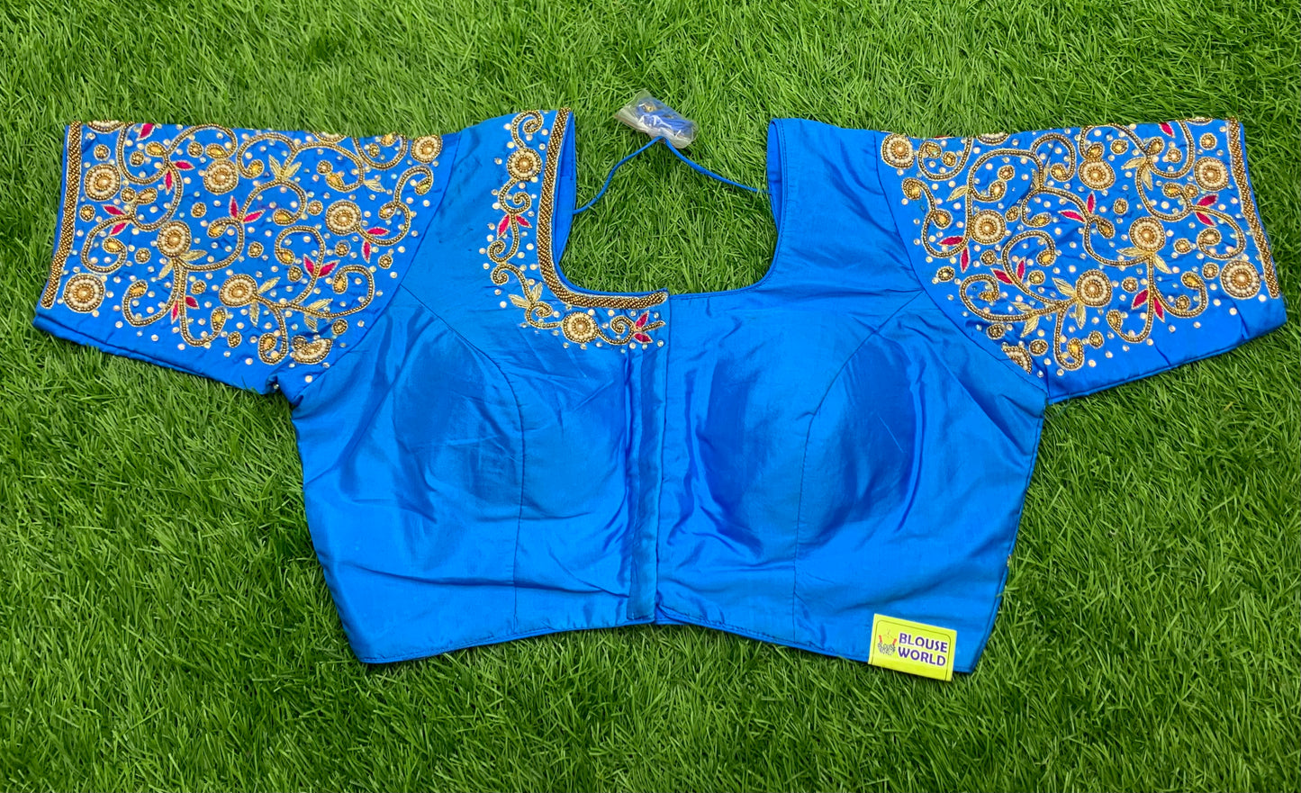 Sky ๐ blue red mix gold maggam work blouse