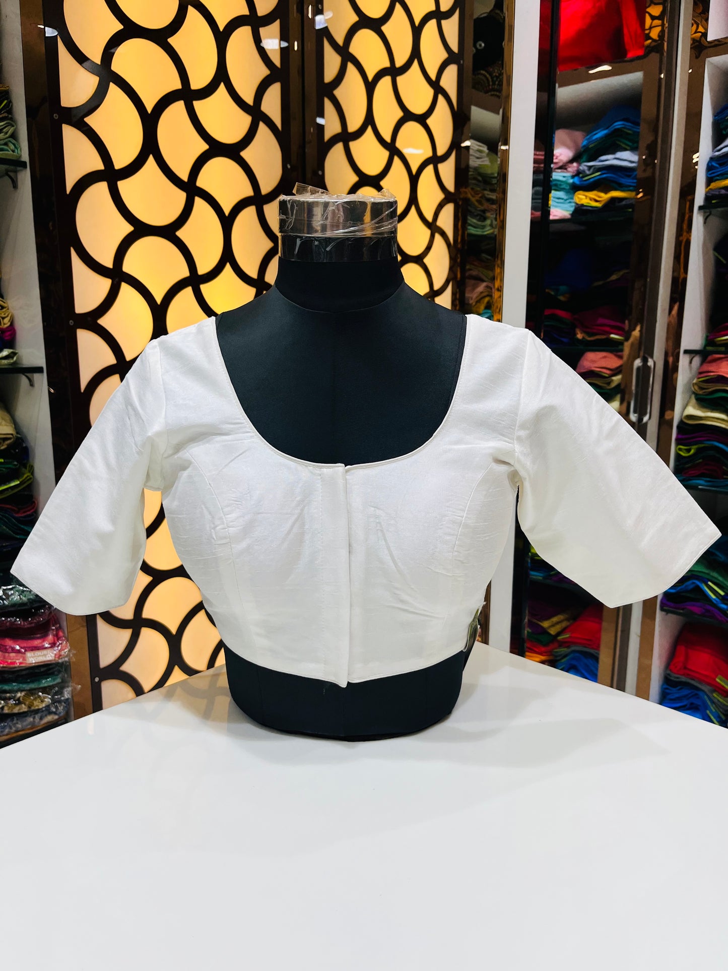 Pristine White Deep U-Neck Blouse – Elbow Length Sleeves