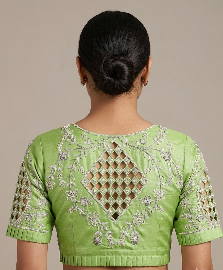 Parrot green silver maggam work blouse