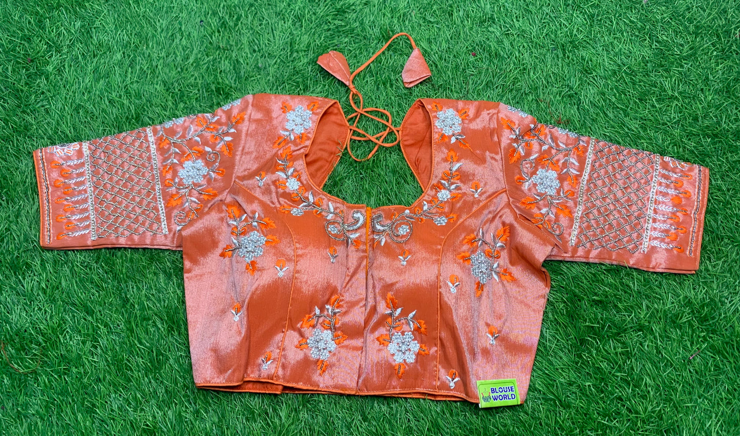 Orange ๐ silver ๐ฉถ tissue with flowers ๐บ work design blouse ๐