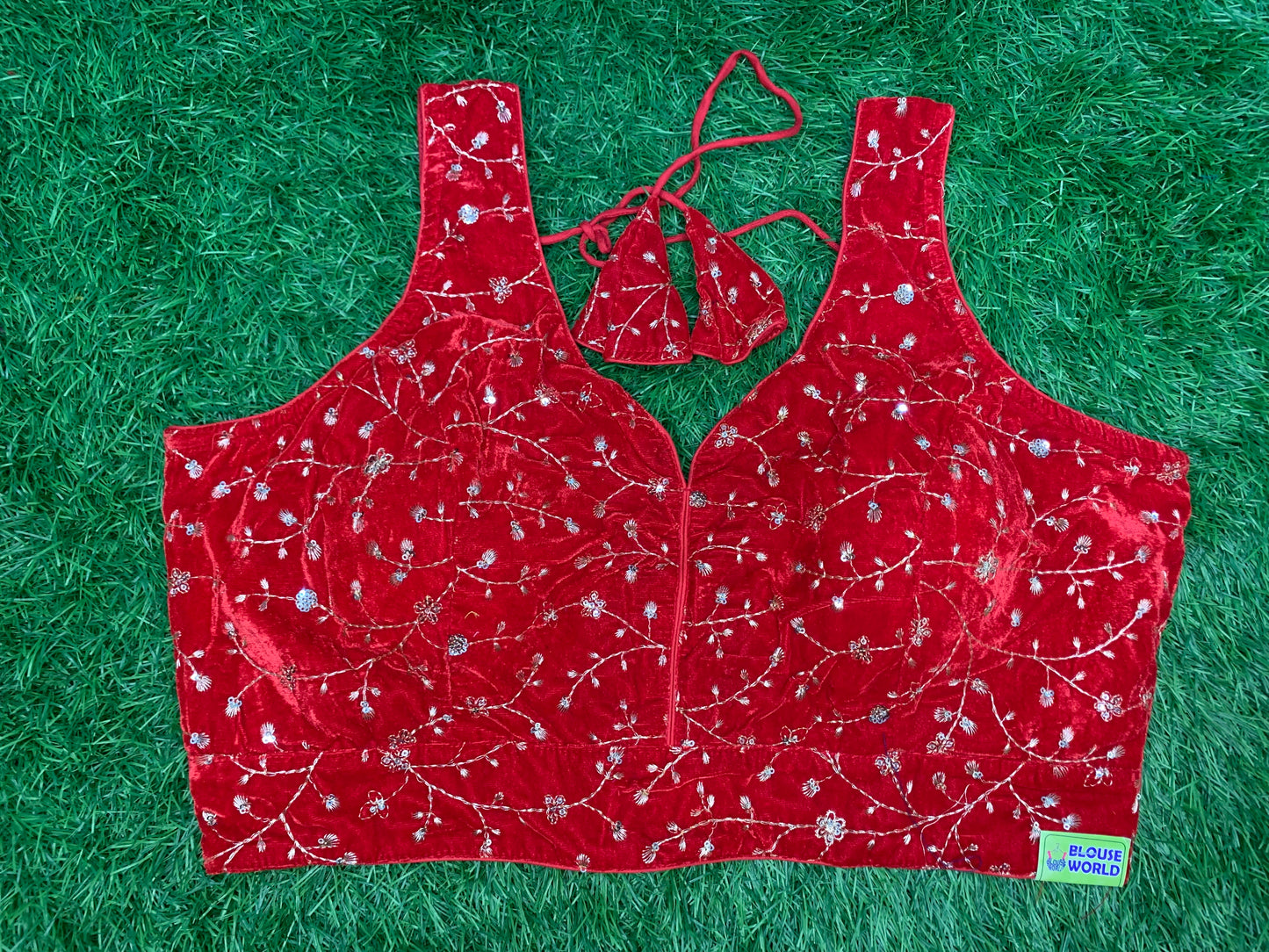 Red velvet blouse with hands v neck