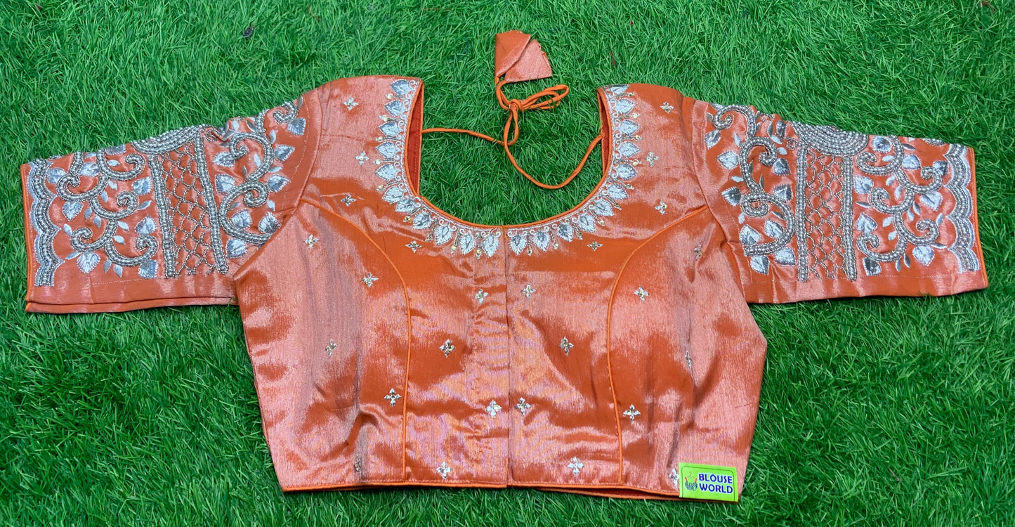 Orange silver tissue heavy hand work blouse