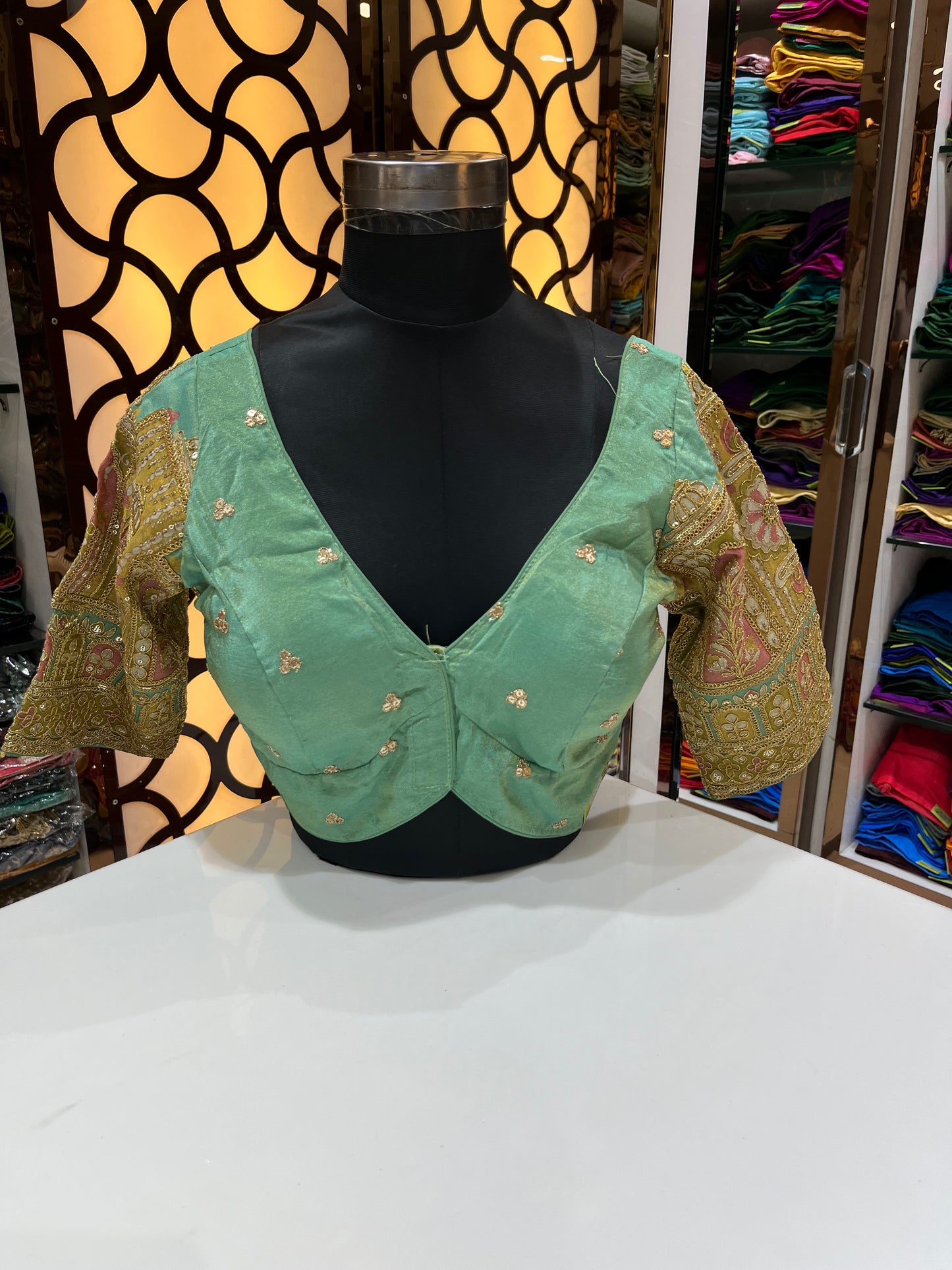 Mint colour v neck back high neck blouse 👚