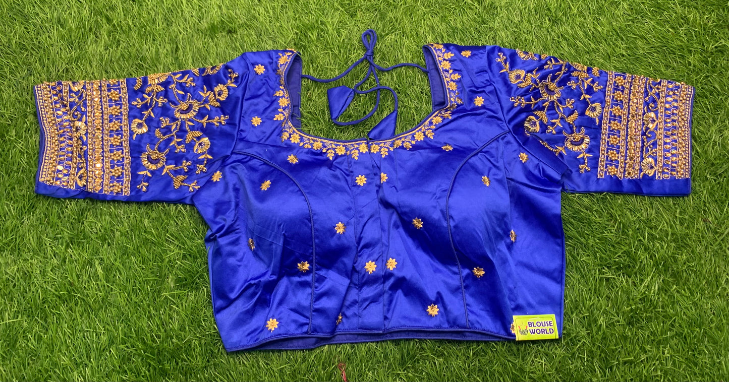 Royal blue v neck golden work blouse