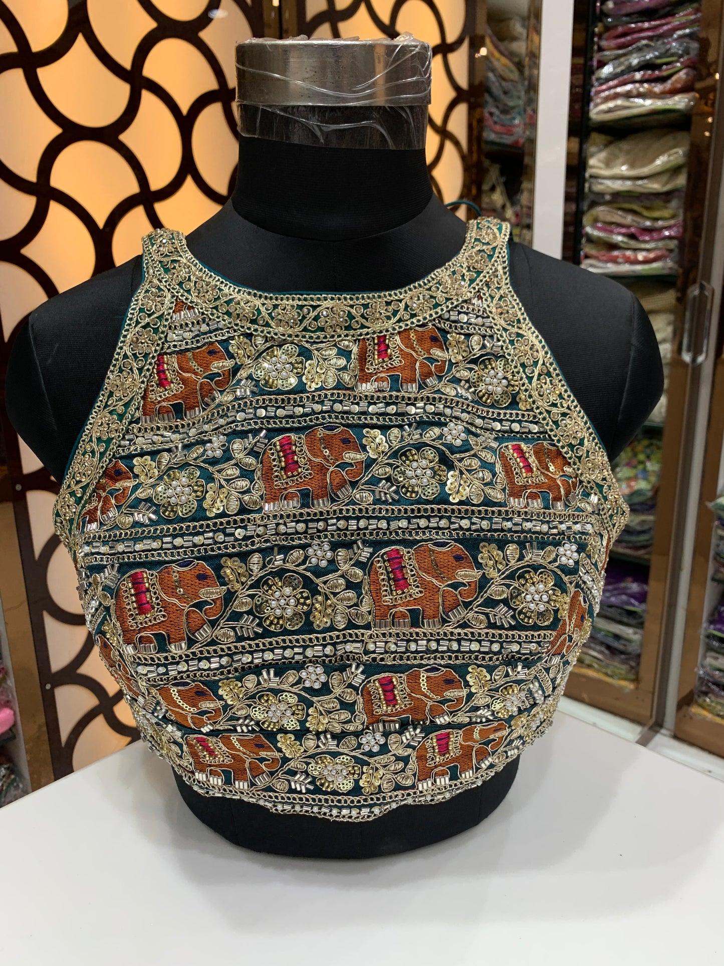Rama green sleeveless blouse elephant design