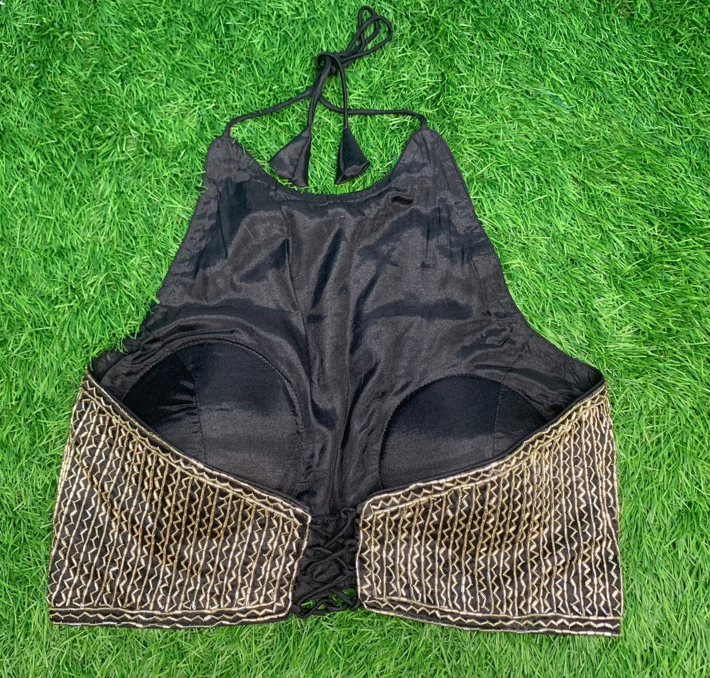 Black colour alter neck backless blouse