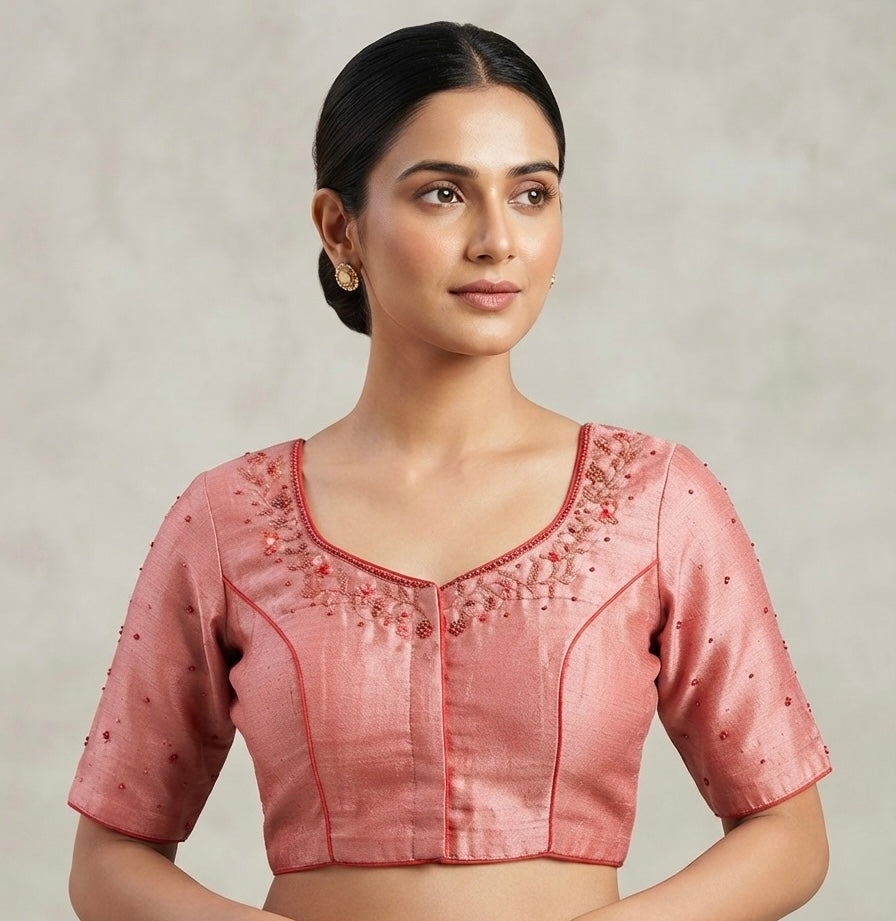 Marroon tissue silver maggam work blouse