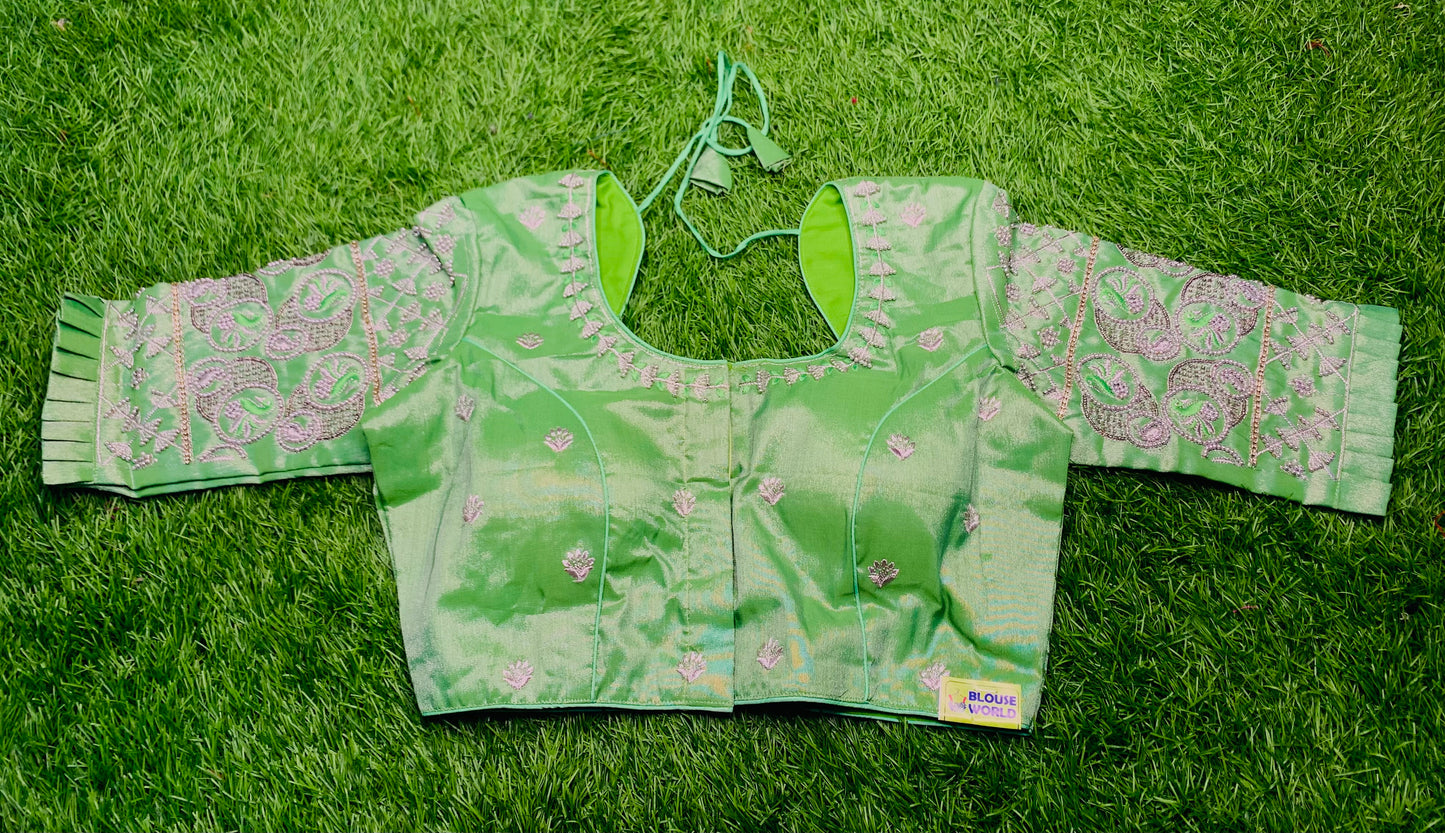 Mint green with peacock 🦚 on hand heavy work blouse 👚