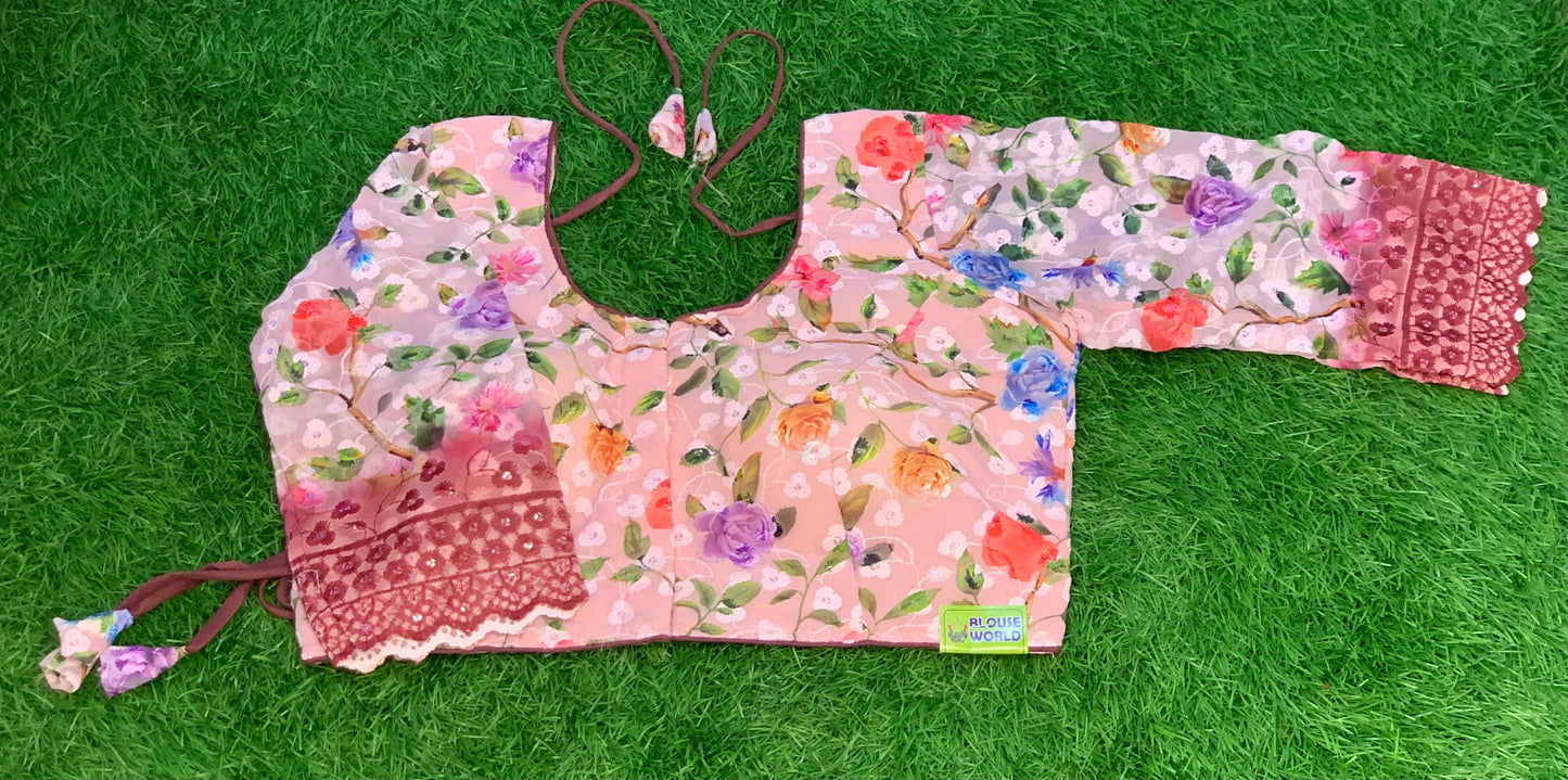 Peach colour flower printed blouse