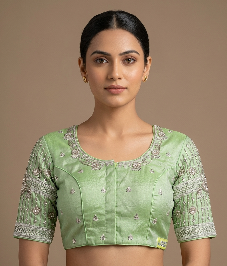 Parrot green silver maggam work blouse