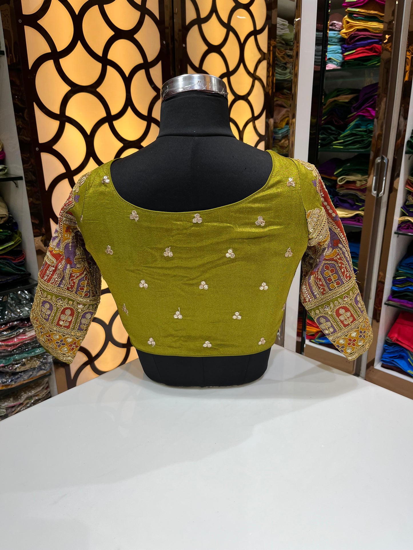 Mehndi green tissue v neck high neck blouse 👚