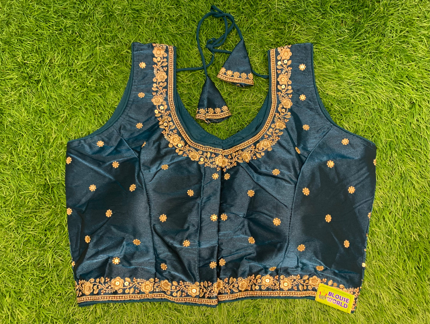 Blue fancy v neck blouse with hands