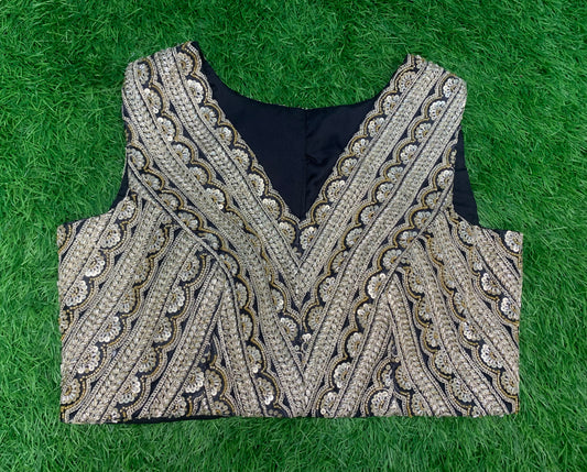 Black high neck back front v neck with kardana work sleeveless blouse
