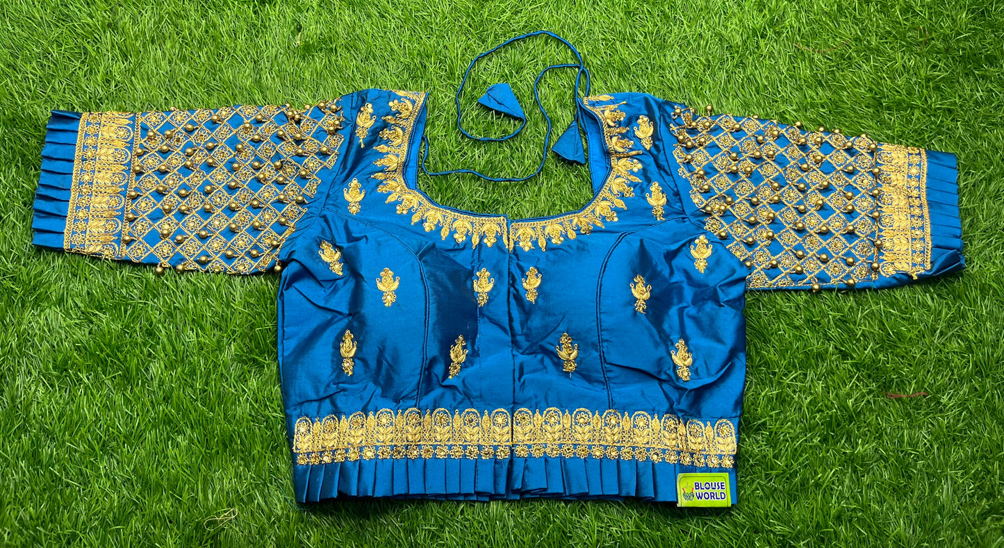 Fairoza blue with small golden hanging balls hands and waist with frills design