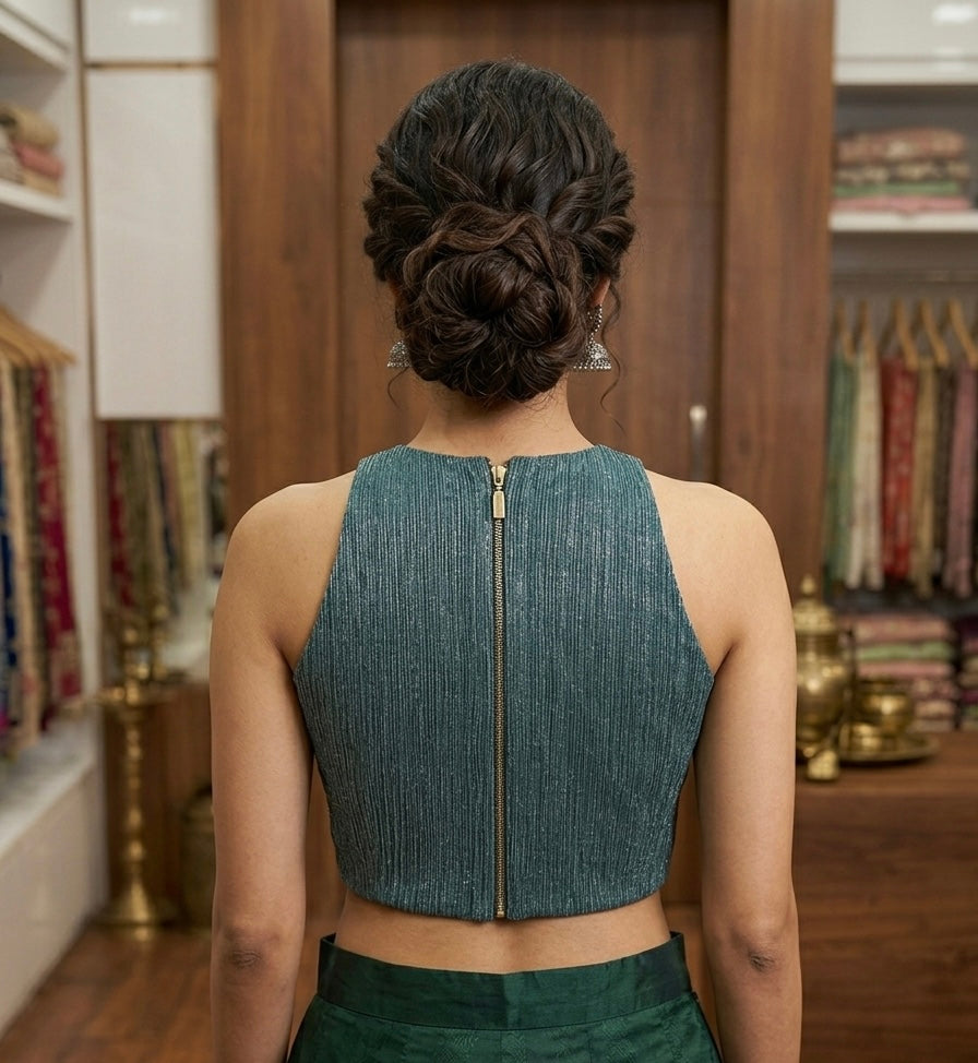 Bottle green high neck back zip sleeveless Blouse 👚