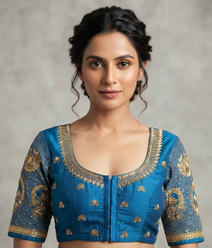Dark sky blue maggam work blouse