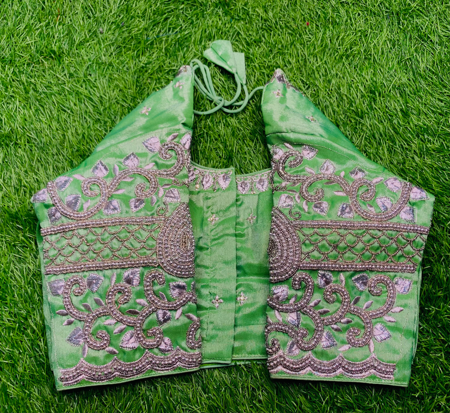 Mint green silver work heavy hand work blouse 👚