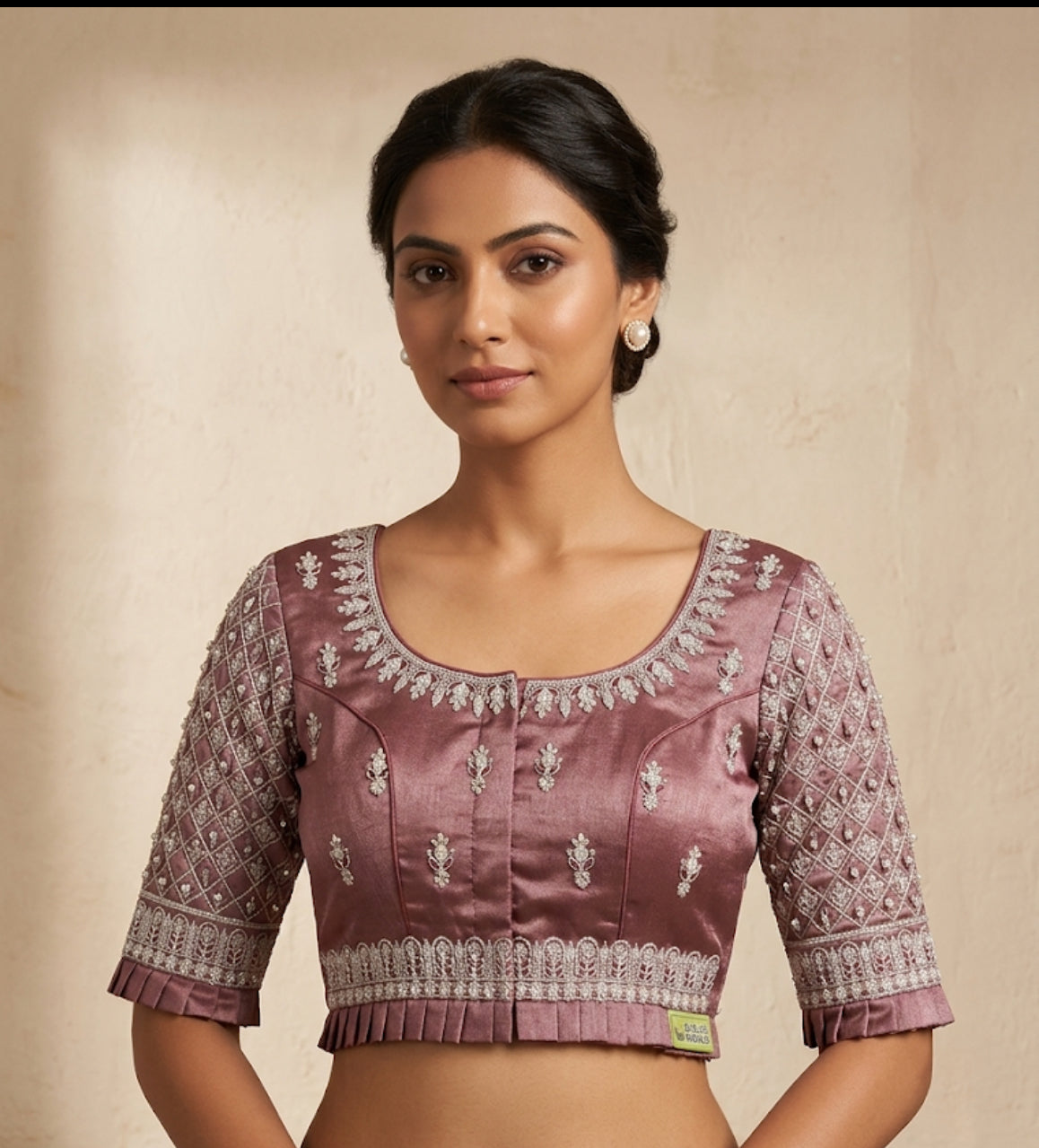 Marroon tissue silver maggam work blouse