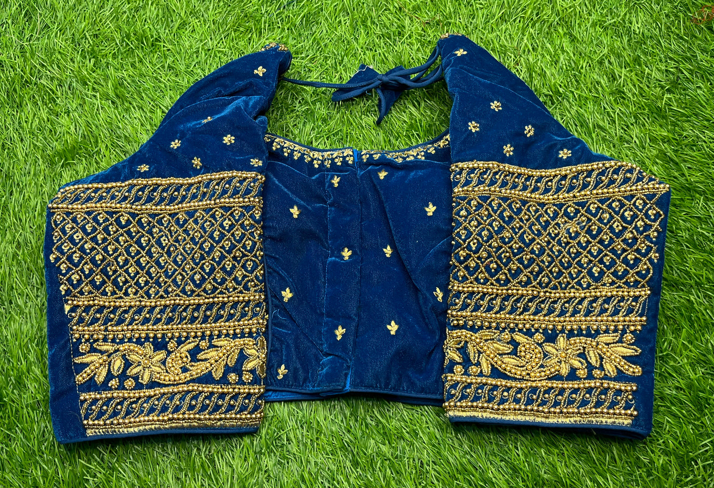 Velvet Rama blue golden work heavy hand work blouse 👚
