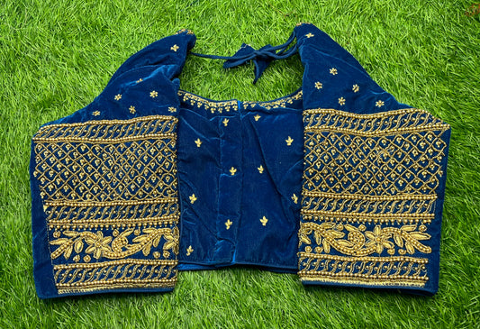 Velvet Rama blue golden work heavy hand work blouse 👚