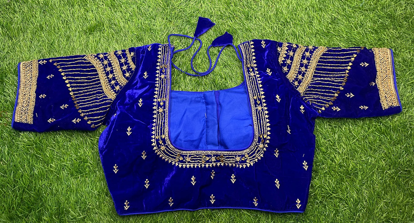 Royal blue velvet golden work heavy blouse