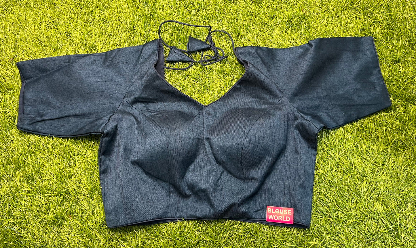Navy blue colour plain high v neck blouse