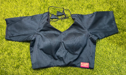 Navy blue colour plain high v neck blouse