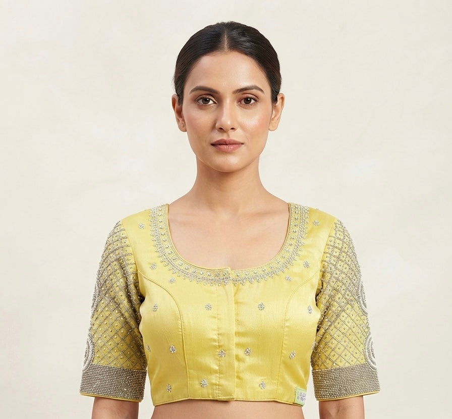 Yellow Silver maggam hands work Blouse 👚