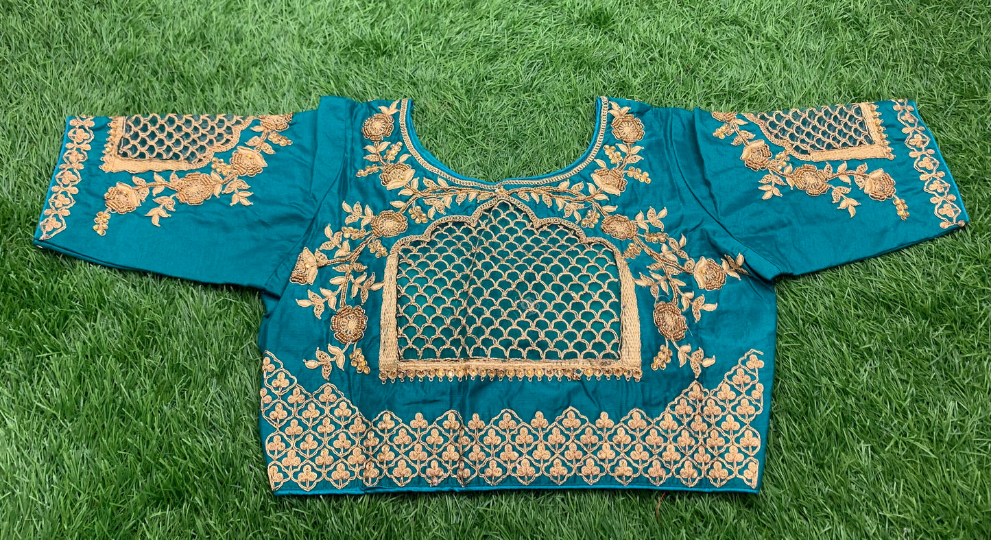 Rama green /rama blue back thread work hand heavy work blouse