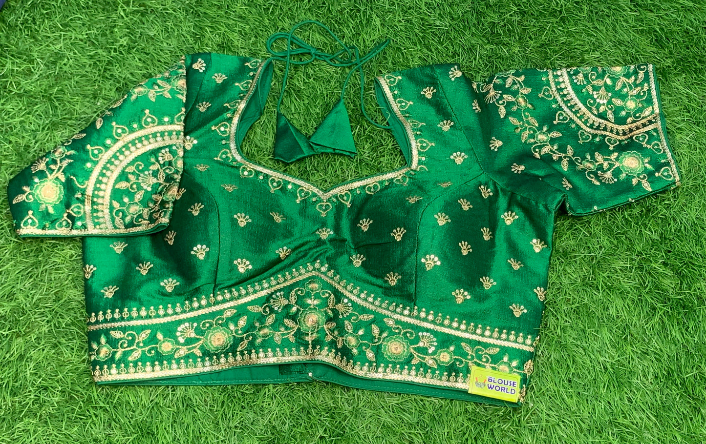 Green flower thread work n gold zari work front n back