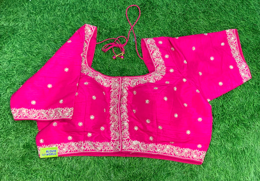 Pink silver zari blouse embroidery pure raw silk