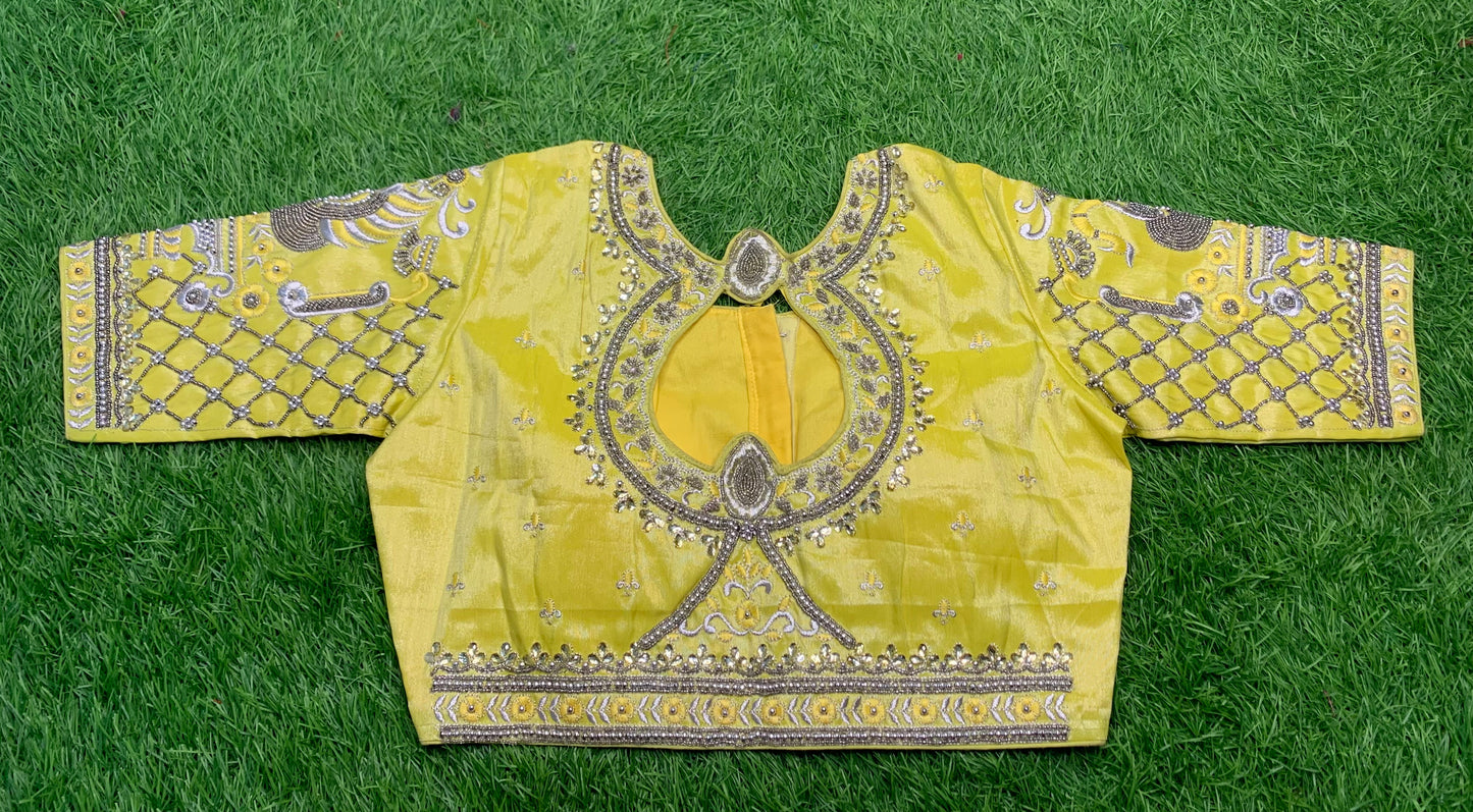Peacock 🦚 designer back round design blouse 👚 yellow colour