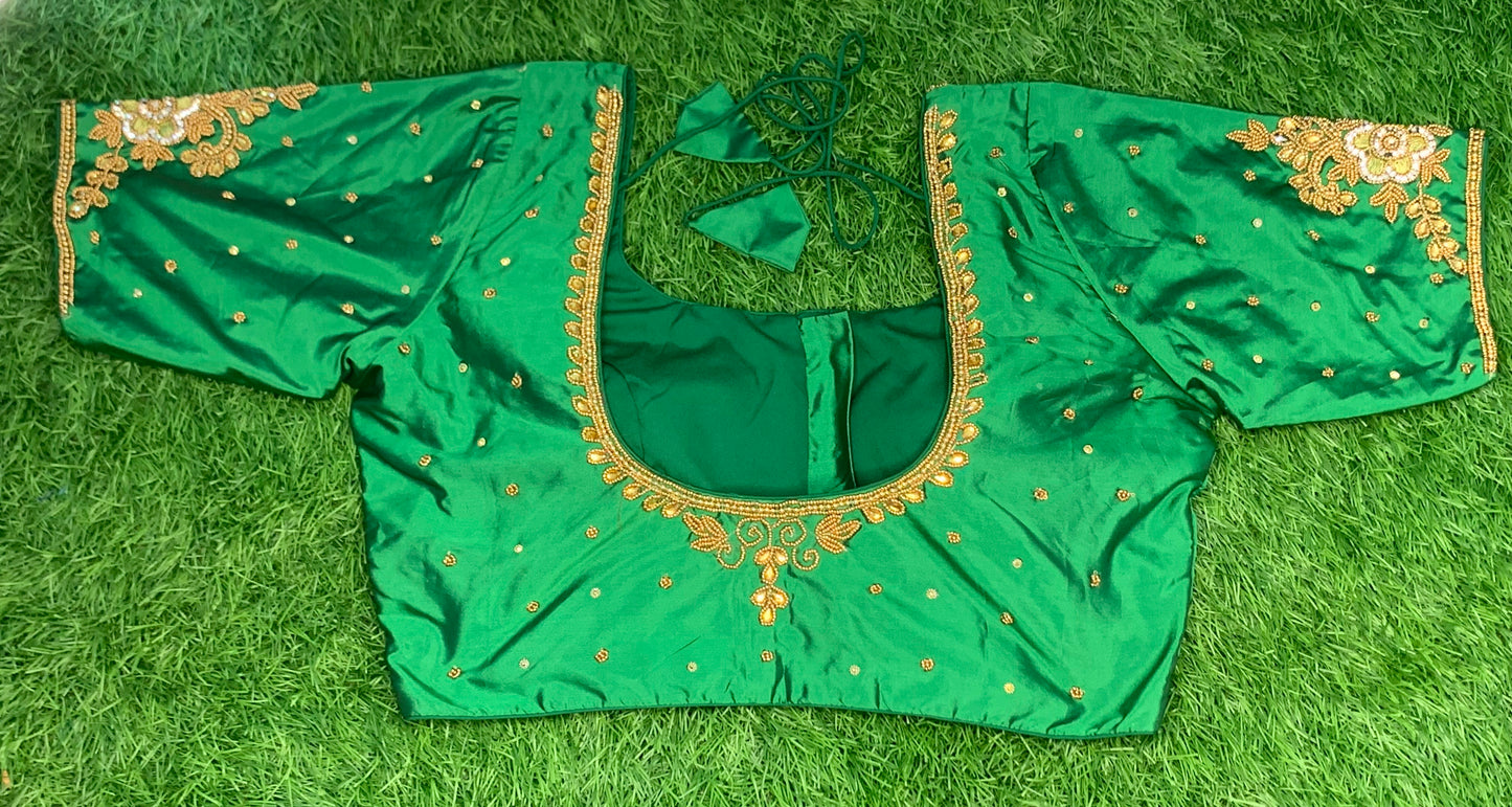 Bottle green colour with gold maggam work blouse