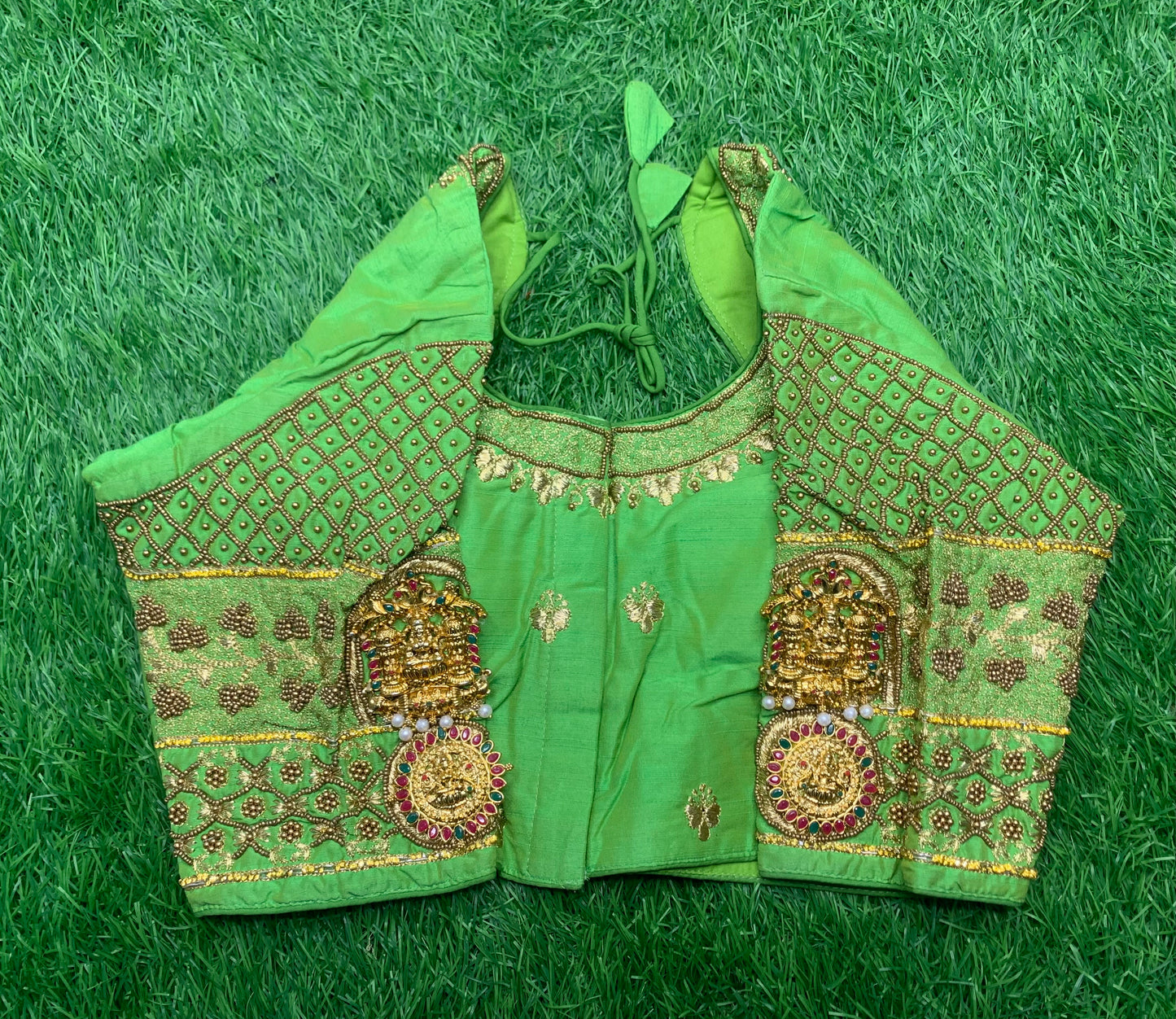Parrot 🦜 green with double Billa model designer blouse 👚