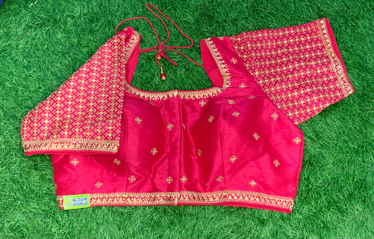 Tomato pink with star golden work embroidery blouse