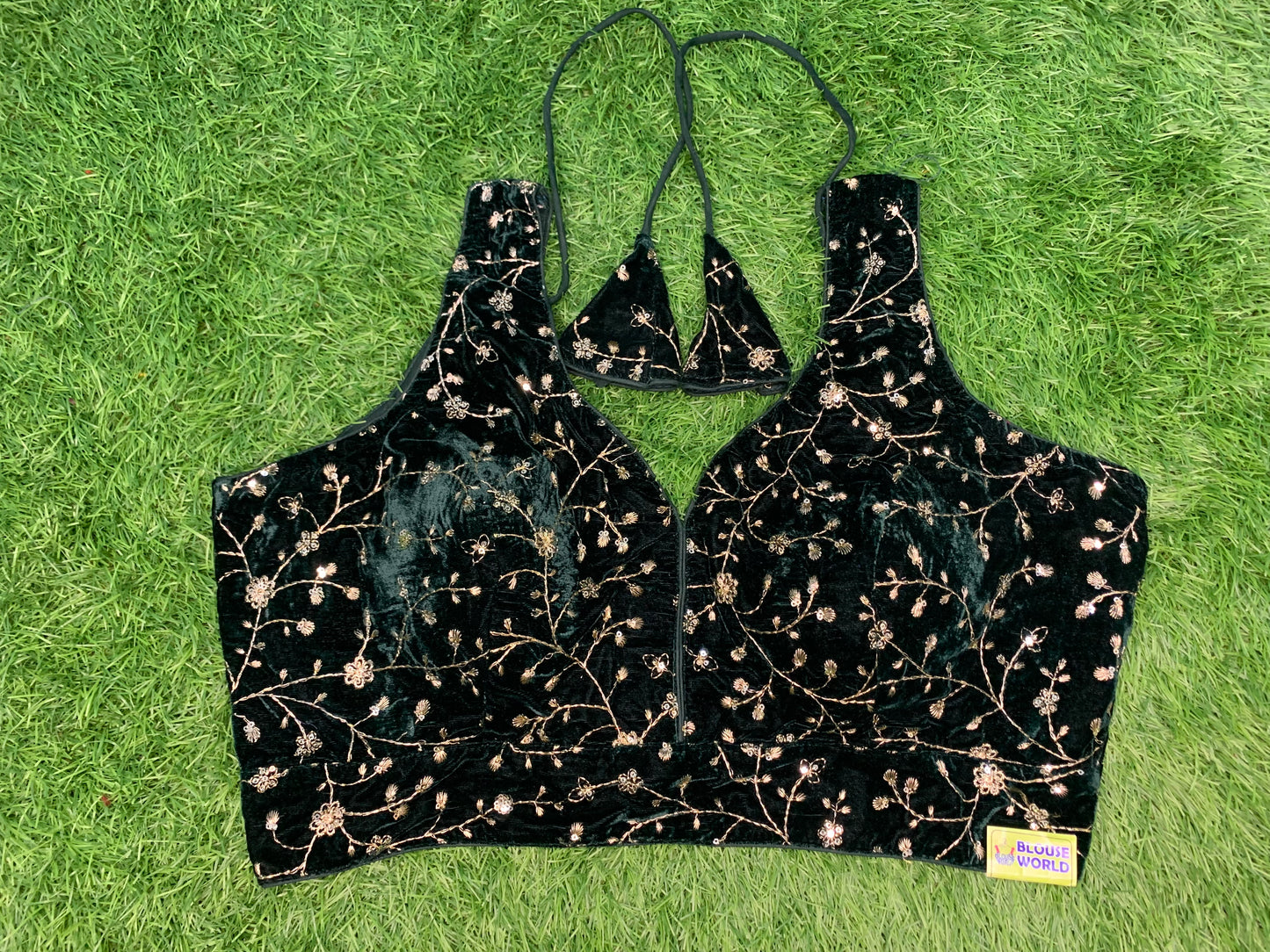 Bottle green velvet blouse with hands